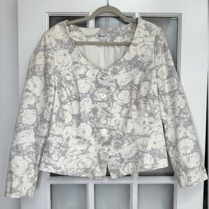 Spiegel Cream & Gray Watercolor Floral Rose Cotton Jacket Blazer Plus Size 16W